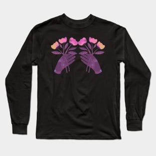 Purple hand with pink and yellow flowers for you on black Long Sleeve T-Shirt